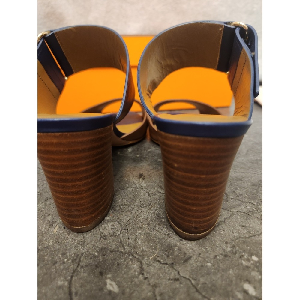Hermes Leather Bicolor Mule Sandals Heels 37 1/2 Resoled Dust Bag Box - Picture 7 of 16